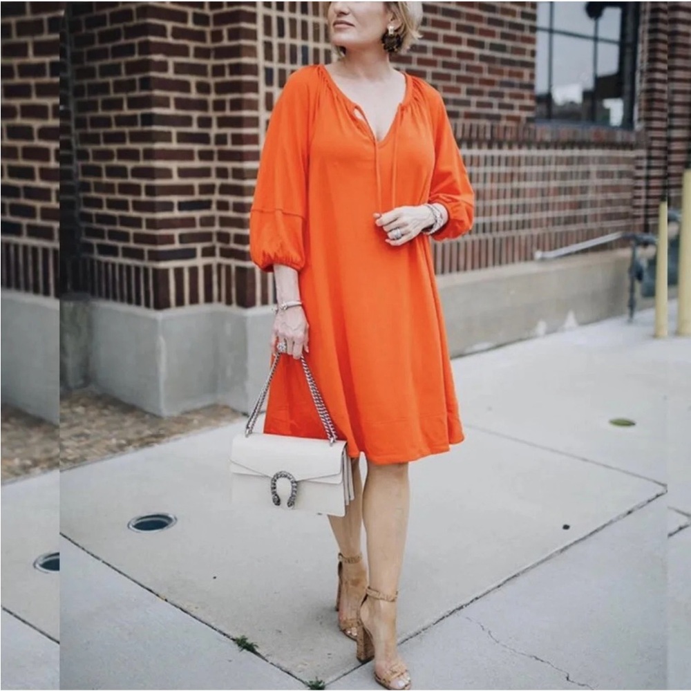 Anthropologie Anais Puff Ballon Sleeve Oversized Mini Orange Tunic Swing Dress